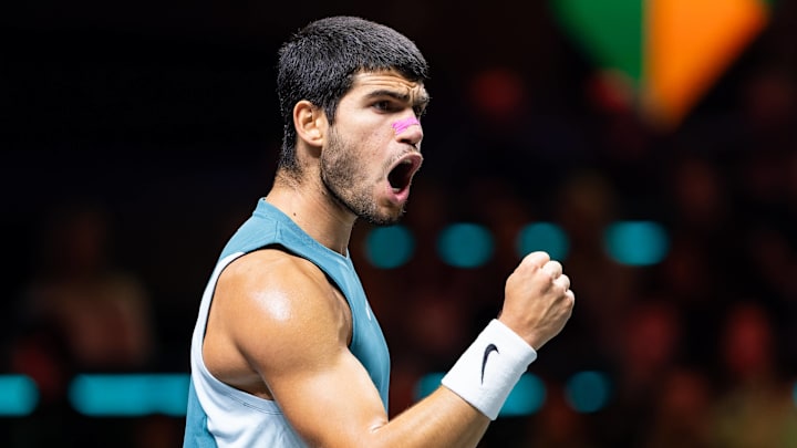 Carlos Alcaraz of Spain celebrating during Day Seven of the ABN AMRO Open at Rotterdam Ahoy on February 9, 2025 in Rotterdam, Netherlands. Carlos Alcaraz of Spain celebrating during Day Seven of the ABN AMRO Open at Rotterdam Ahoy on February 9, 2025 in Rotterdam, Netherlands.