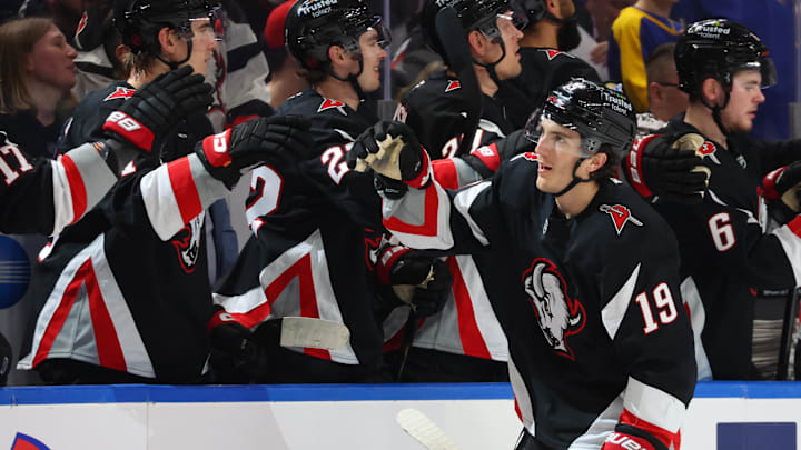 Apr 9, 2026; Buffalo, New York, USA; Buffalo Sabres center Peyton Krebs (19) celebrates his goal with teammates during the first period against the Columbus Blue Jackets at KeyBank Center. Mandatory Credit: Timothy T. Ludwig-Imagn Images Apr 9, 2026; Buffalo, New York, USA; Buffalo Sabres center Peyton Krebs (19) celebrates his goal with teammates during the first period against the Columbus Blue Jackets at KeyBank Center. Mandatory Credit: Timothy T. Ludwig-Imagn Images