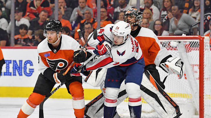 Apr 16, 2024; Philadelphia, Pennsylvania, USA; Washington Capitals center Connor McMichael (24)