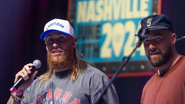 George Kittle and Travis Kelce greet the crowd during the “Tight Ends & Friends” concert at Brooklyn Bowl Tuesday, June 18, 2024 in Nashville, Tenn.