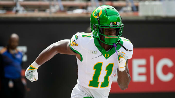 Oregon wide receiver Jeremiah McClellan works out during warm ups as the Oregon State Beavers host the Oregon Ducks Saturday, Sept. 14, 2024 at Reser Stadium in Corvallis, Ore.