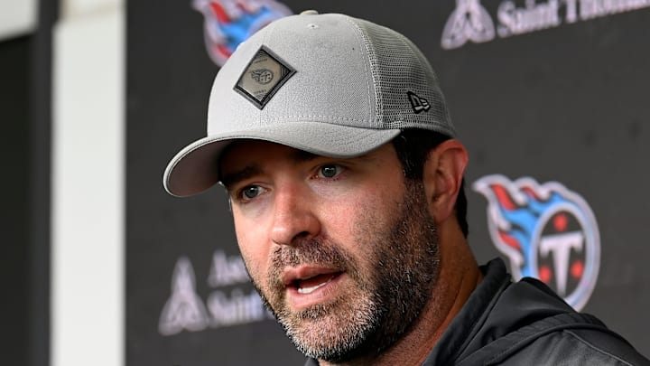 Tennessee Titans head coach Brian Callahan speaks before an NFL football minicamp camp practice at Ascension Saint Thomas Sports Park Thursday, June 12, 2025, in Nashville, Tenn.