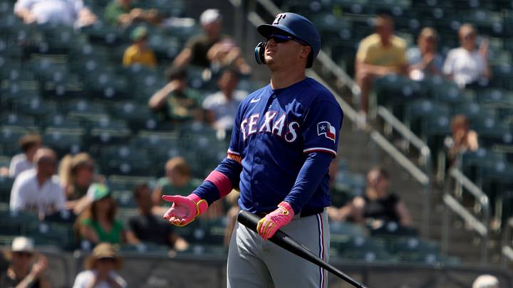 Aug 16, 2026; West Sacramento, California, USA; Texas Rangers pinch hitter Joc Pederson (3) reacts after striking out against the Athletics during the seventh inning at Sutter Health Park. Mandatory Credit: Dennis Lee-Imagn Images