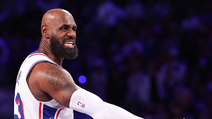 Philadelphia 76ers forward LeBron James (23) reacts after his score against the Detroit Pistons during the third quarter at Xfinity Mobile Arena on Oct. 25, 2026. Philadelphia 76ers forward LeBron James (23) reacts after his score against the Detroit Pistons during the third quarter at Xfinity Mobile Arena on Oct. 25, 2026.