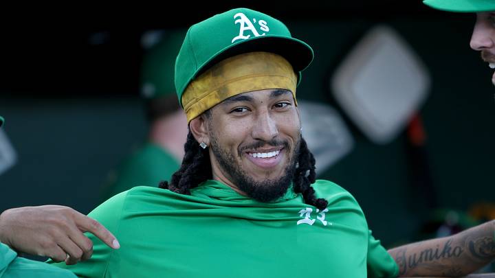 Aug 26, 2026; West Sacramento, California, USA; Athletics infielder Joshua Kuroda-Grauer (44) sits in the dugout before the start of a MLB baseball game against the Minnesota Twins at Sutter Health Park. Mandatory Credit: Dennis Lee-Imagn Images