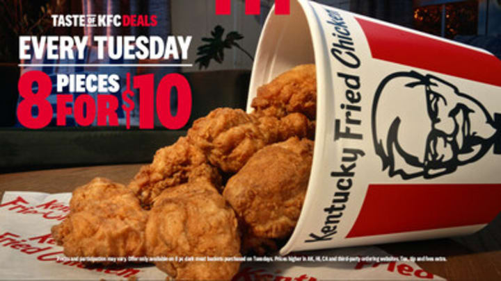 KFC is also introducing a new special Taste of KFC deal only on Tuesdays, as a temporary offer, “$10 Tuesdays”: get a bucket full of eight pieces of hot, juicy drums and thighs at KFC for just ten bucks.
