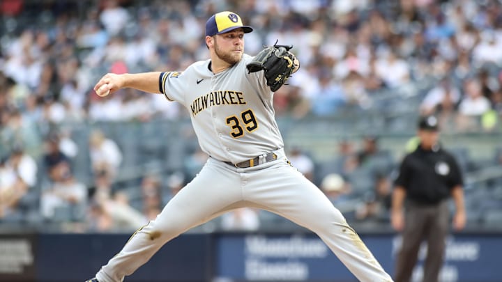 Sep 10, 2023; Bronx, New York, USA;  Milwaukee Brewers starting pitcher Corbin Burnes (39) pitches