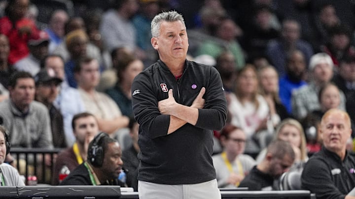 Mar 13, 2025; Charlotte, NC, USA; Stanford Cardinal head coach Kyle Smith during the first half against the Louisville Cardinals at Spectrum Center. Mandatory Credit: Jim Dedmon-Imagn Images