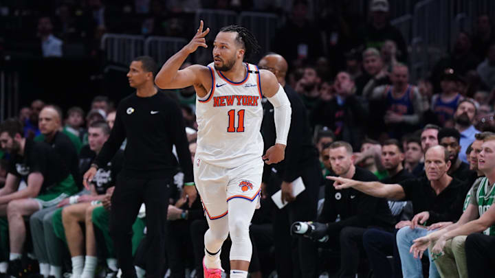 May 7, 2025; Boston, Massachusetts, USA; New York Knicks guard Jalen Brunson (11) reacts after his three point basket against the Boston Celtics in the second half during game two of the second round for the 2025 NBA Playoffs at TD Garden. Mandatory Credit: David Butler II-Imagn Images