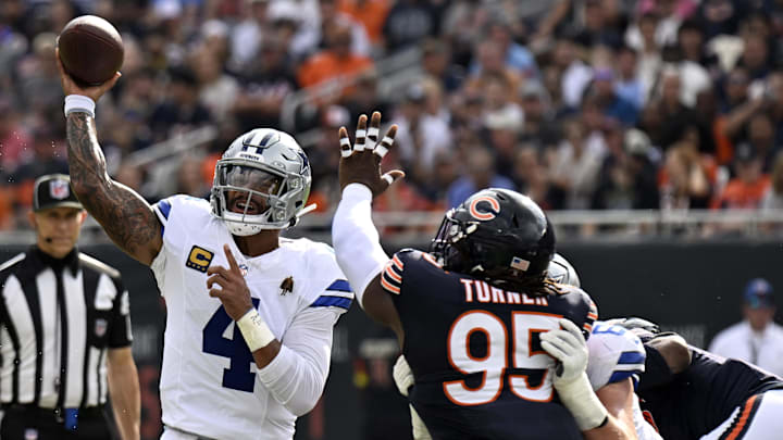 Shemar Turner gets heat on Dak Prescott in Sunday's Bears win. Any Bears pressure has come from a conventional four-man rush.