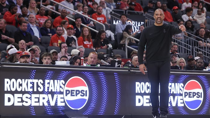 Mar 6, 2026; Houston, Texas, USA; Houston Rockets head coach Ime Udoka coaches against the Portland Trail Blazers in the first half at Toyota Center. Mandatory Credit: Thomas Shea-Imagn Images