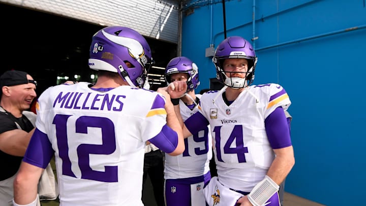 Minnesota Vikings quarterback Sam Darnold (14), quarterback Nick Mullens (12), quarterback Brett Rypien (19).