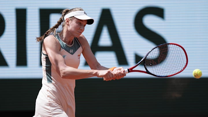 Jun 3, 2024; Paris, France; Elena Rybakina of Kazakhstan returns a shot during her match against Elina Svitolina of Ukraine on day nine of Roland Garros at Stade Roland Garros. Mandatory Credit: Susan Mullane-USA TODAY Sports