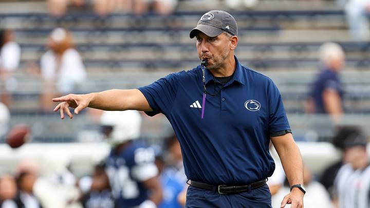 Penn State Nittany Lions head coach Matt Campbell instructs his team before the game against the Buffalo Bulls at Beaver Stadium. Penn State Nittany Lions head coach Matt Campbell instructs his team before the game against the Buffalo Bulls at Beaver Stadium.
