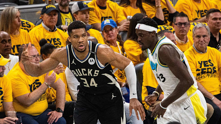 Apr 29, 2025; Indianapolis, Indiana, USA; Milwaukee Bucks forward Giannis Antetokounmpo (34) celebrates a made basket during game five of the first round for the 2024 NBA Playoffs against the Indiana Pacers at Gainbridge Fieldhouse. Mandatory Credit: Trevor Ruszkowski-Imagn Images Apr 29, 2025; Indianapolis, Indiana, USA; Milwaukee Bucks forward Giannis Antetokounmpo (34) celebrates a made basket during game five of the first round for the 2024 NBA Playoffs against the Indiana Pacers at Gainbridge Fieldhouse. Mandatory Credit: Trevor Ruszkowski-Imagn Images