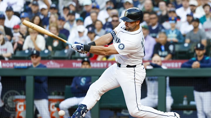 Seattle Mariners catcher Cal Raleigh (29) strikes out on a pitch in the dirt to end during the third inning against the Boston Red Sox at T-Mobile Park.