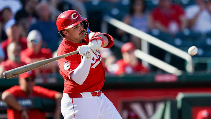 Cincinnati Reds second baseman Sal Stewart (84) hits a homer in the eighth inning of a Cactus League game between the Cincinnati Reds and Los Angeles Dodgers, Monday, Feb. 24, 2025, at Goodyear Ballpark in Goodyear, Ariz. Reds won 8-1.