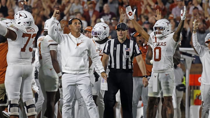 Texas Longhorns head coach Steve Sarkisian reacts after a touchdown during overtime against the Mississippi State Bulldogs at Davis Wade Stadium at Scott Field. 