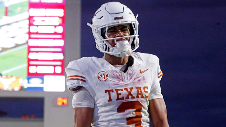 Texas Longhorns wide receiver Emmett Mosley V reacts after a touchdown during the fourth quarter against the Mississippi State Bulldogs at Davis Wade Stadium at Scott Field. 