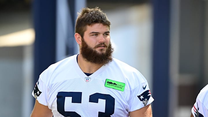 Jul 26, 2023; Foxborough, MA, USA; New England Patriots center Jake Andrews (53) makes his way to the practice fields for  training camp at Gillette Stadium. Mandatory Credit: Eric Canha-Imagn Images