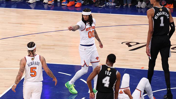 Jun 8, 2026; New York, New York, USA; New York Knicks guard Jordan Clarkson (00) reacts in the second quarter against the San Antonio Spurs during game three of the 2026 NBA Finals at Madison Square Garden. Mandatory Credit: Vincent Carchietta-Imagn Images