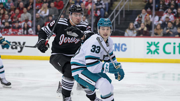 Dec 1, 2023; Newark, New Jersey, USA; San Jose Sharks defenseman Calen Addison (33) skates against