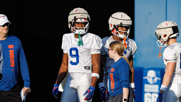 Florida Gators wide receiver J. Michael Sturdivant (9) looks on during spring football practice at Heavener Football Complex at the University of Florida in Gainesville, FL on Thursday, March 6, 2025. [Matt Pendleton/Gainesville Sun]