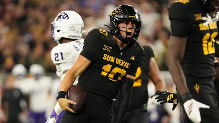 Sep 26, 2025; Tempe, Arizona, USA; Arizona State Sun Devils quarterback Sam Leavitt (10) reacts after run against TCU Horned Frogs in the first half at Mountain America Stadium, Home of the ASU Sun Devils. Mandatory Credit: Jacob Reiner-Imagn Images