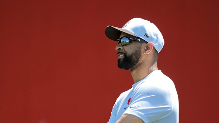 Cleveland Browns general manager Andrew Berry watches practice on the second day of rookie minicamp May 10, 2025, in Berea, Ohio.