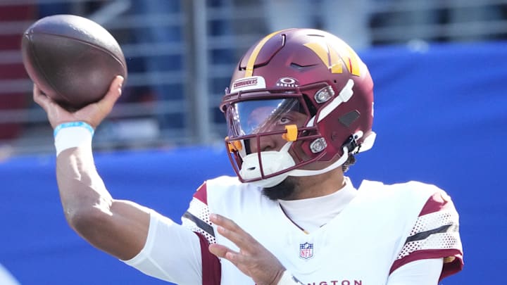 Washington Commanders quarterback Jayden Daniels pre game against the New York Giants.
