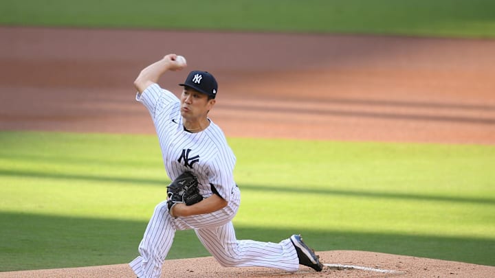 New York Yankees starting pitcher Masahiro Tanaka (19) pitches against the Tampa Bay Rays in the first inning during game three of the 2020 ALDS at Petco Park.
