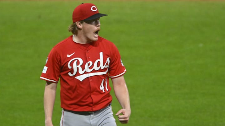 Jun 10, 2025; Cleveland, Ohio, USA; Cincinnati Reds starting pitcher Andrew Abbott (41) celebrates a double play in the ninth inning against the Cleveland Guardians at Progressive Field. Mandatory Credit: David Richard-Imagn Images