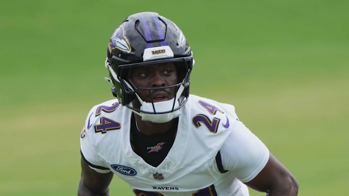 Jul 24, 2025; Owings Mills, MD, USA; Baltimore Ravens safety Malaki Starks (24) runs drills during training camp at the Under Armour Performance Center. Mandatory Credit: Mitch Stringer-Imagn Images Jul 24, 2025; Owings Mills, MD, USA; Baltimore Ravens safety Malaki Starks (24) runs drills during training camp at the Under Armour Performance Center. Mandatory Credit: Mitch Stringer-Imagn Images