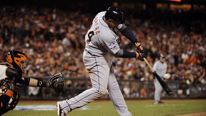 Oct 24, 2012; San Francisco, CA, USA; Detroit Tigers third baseman Miguel Cabrera (24) hits a RBI single against the San Francisco Giants in the 6th inning during game one of the 2012 World Series at AT&T Park. 