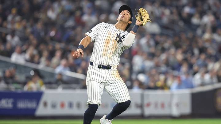 May 6, 2025; Bronx, New York, USA; New York Yankees third baseman Oswaldo Cabrera (95) makes a running catch in the fifth inning against the San Diego Padres at Yankee Stadium. Mandatory Credit: Wendell Cruz-Imagn Images May 6, 2025; Bronx, New York, USA; New York Yankees third baseman Oswaldo Cabrera (95) makes a running catch in the fifth inning against the San Diego Padres at Yankee Stadium. Mandatory Credit: Wendell Cruz-Imagn Images