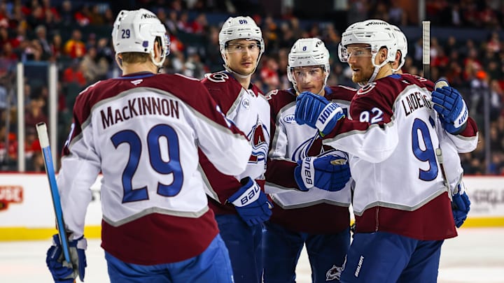 Apr 14, 2026; Calgary, Alberta, CAN; Colorado Avalanche left wing Gabriel Landeskog (92) celebrates his goal with teammates against the Calgary Flames during the third period at Scotiabank Saddledome. Mandatory Credit: Sergei Belski-Imagn Images
