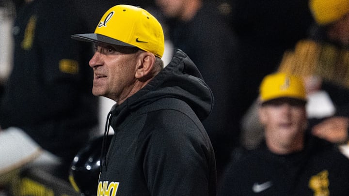 Iowa head coach Rick Heller watches his team compete against the Illinois Fighting Illini May 1, 2026 during a Big Ten baseball game at Duane Banks Field in Iowa City, Iowa.