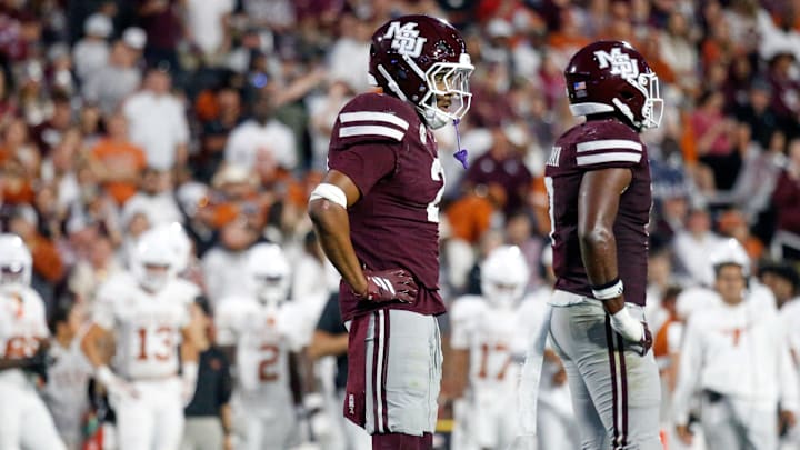 Oct 25, 2025; Starkville, Mississippi, USA; Mississippi State Bulldogs defensive back Isaac Smith (2) looks on during the fourth quarter against the Texas Longhorns at Davis Wade Stadium at Scott Field. Mandatory Credit: Petre Thomas-Imagn Images