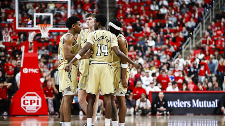 Jan 17, 2026; Raleigh, North Carolina, USA; Georgia Tech Yellow Jackets huddle during the second half of the game against the NC State Wolfpack  at Lenovo Center. Mandatory Credit: Jaylynn Nash-Imagn Images