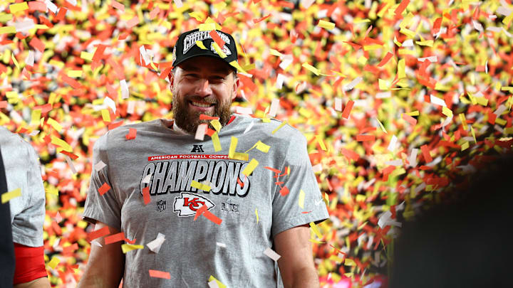 Jan 26, 2025; Kansas City, MO, USA; Kansas City Chiefs tight end Travis Kelce (87) reacts on stage after the AFC Championship game against the Buffalo Bills at GEHA Field at Arrowhead Stadium. Mandatory Credit: Mark J. Rebilas-Imagn Images Jan 26, 2025; Kansas City, MO, USA; Kansas City Chiefs tight end Travis Kelce (87) reacts on stage after the AFC Championship game against the Buffalo Bills at GEHA Field at Arrowhead Stadium. Mandatory Credit: Mark J. Rebilas-Imagn Images