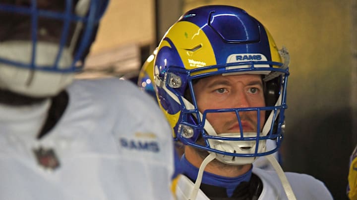 Jan 19, 2025; Philadelphia, Pennsylvania, USA; Los Angeles Rams quarterback Matthew Stafford (9) in the tunnel against the Philadelphia Eagles in a 2025 NFC divisional round game at Lincoln Financial Field. Mandatory Credit: Eric Hartline-Imagn Images
