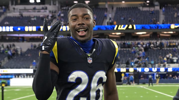 Nov 16, 2025; Inglewood, California, USA;  Los Angeles Rams safety Kamren Kinchens (26) leaves the field after defeating the Seattle Seahawks at SoFi Stadium. Mandatory Credit: Jayne Kamin-Oncea-Imagn Images