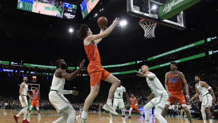 Apr 3, 2024; Boston, Massachusetts, USA; Oklahoma City Thunder guard Josh Giddey (3) drives to the Apr 3, 2024; Boston, Massachusetts, USA; Oklahoma City Thunder guard Josh Giddey (3) drives to the