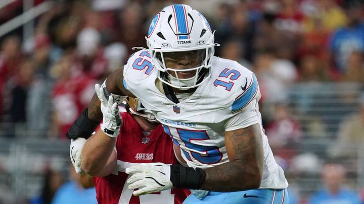 Aug 13, 2026; Santa Clara, California, USA;  Tennessee Titans defensive end Keldric Faulk (15) tries a spin move against San Francisco 49ers offensive tackle Carver Willis (74) in the third quarter at Levi's Stadium. Mandatory Credit: David Gonzales-Imagn Images
