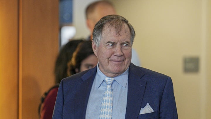 Dec 12, 2024; Chapel Hill, NC, USA;   North Carolina Tar Heels new head coach Bill Belichick walks to his seat for the announcement of his hiring  at Loudermilk Center for Excellence. Mandatory Credit: Jim Dedmon-Imagn Images
