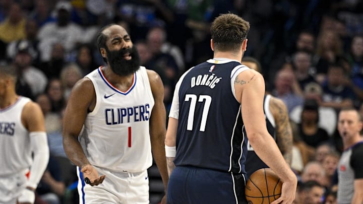 LA Clippers guard James Harden (1) and Dallas Mavericks guard Luka Doncic (77) during the 2024 NBA playoffs at the American Airlines Center. 