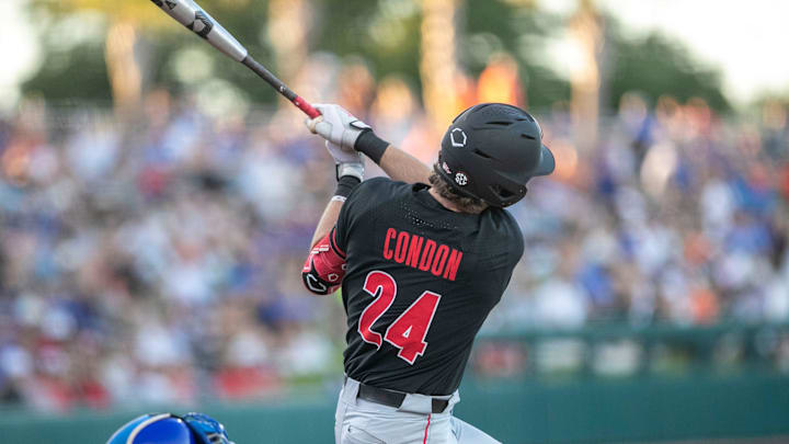 Georgia's first baseman Charlie Condon (24) with a home run on the Gators, Friday, April 14, 2023, at Condron Family Baseball Park in Gainesville, Florida. The Gators lost Game 1 of the weekend series to the Bulldogs 13-11. [Cyndi Chambers/ Gainesville Sun] 2023

Gator Baseball April 14 2023 Condron Family Ballpark Georgia Bulldogs