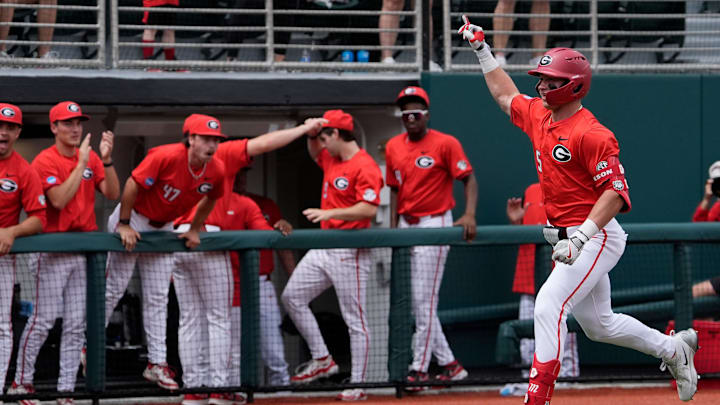 Georgia catcher Daniel Jackson (25) celebrates after hitting a home run during a NCAA Regionals game against Binghamton in Athens, Ga., on Friday, May 30, 2025.
