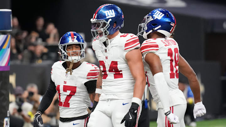 Oct 5, 2025; New Orleans, Louisiana, USA; New York Giants wide receiver Wan'Dale Robinson (17), New York Giants tight end Theo Johnson (84) and New York Giants wide receiver Darius Slayton (18) celebrate after a touchdown against the New Orleans Saints during the second quarter at Caesars Superdome. Oct 5, 2025; New Orleans, Louisiana, USA; New York Giants wide receiver Wan'Dale Robinson (17), New York Giants tight end Theo Johnson (84) and New York Giants wide receiver Darius Slayton (18) celebrate after a touchdown against the New Orleans Saints during the second quarter at Caesars Superdome.