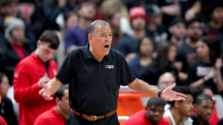 Jan 24, 2026; Lubbock, Texas, USA;  Houston Cougars head coach Kelvin Sampson reacts to a call in the first half of the game against the Texas Tech Red Raiders at United Supermarkets Arena. Mandatory Credit: Michael C. Johnson-Imagn Images